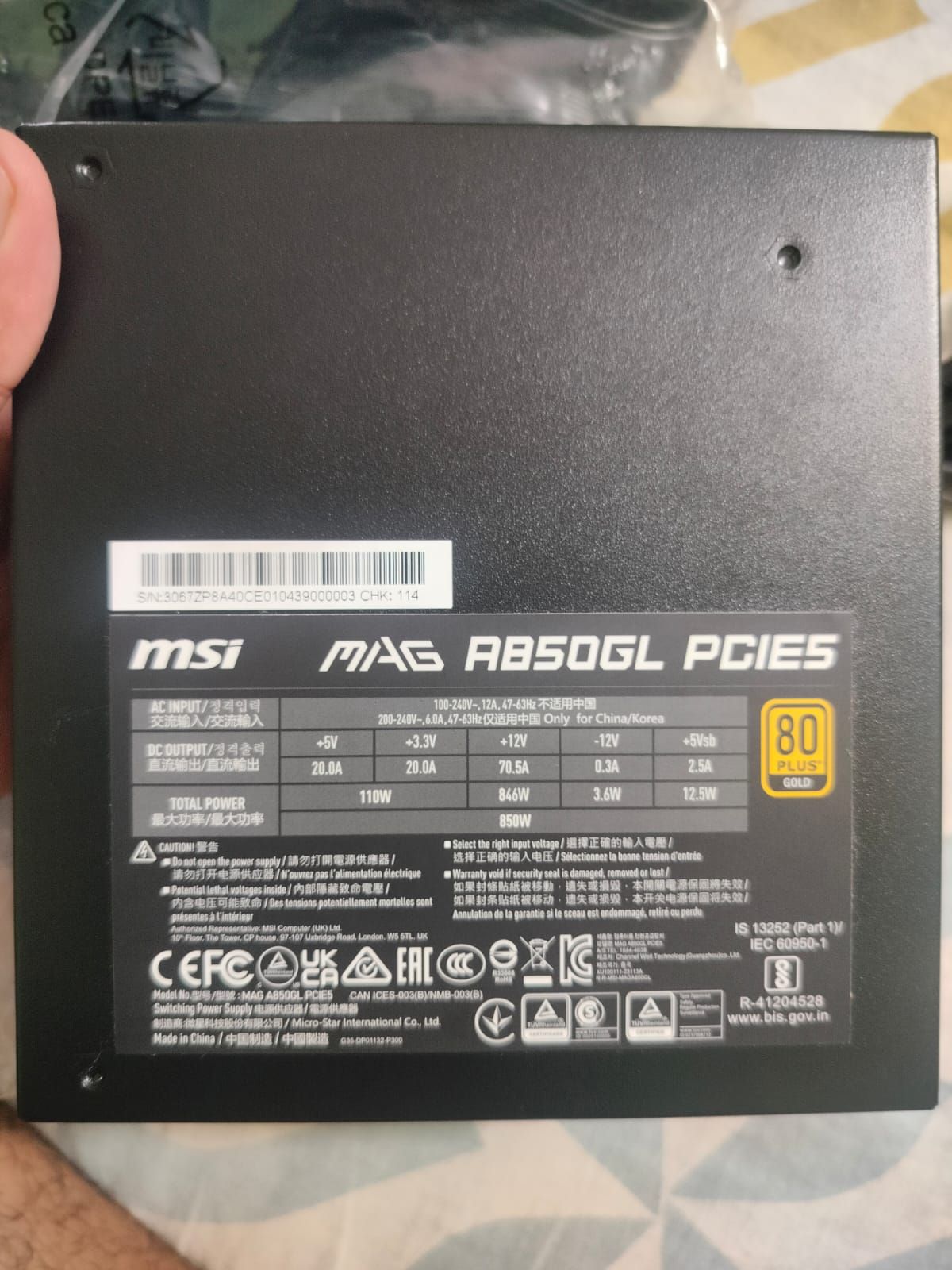 MSI MAG A850GL PCIE5 850 Watts Power Supply Used PSU