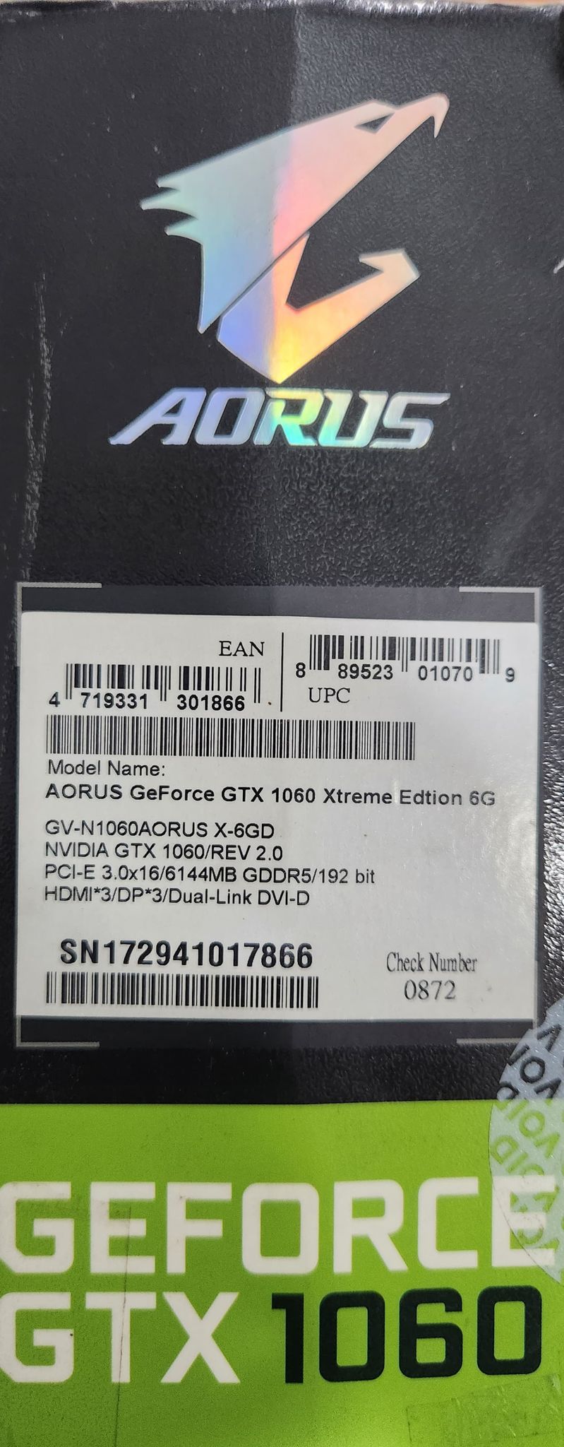 Gigabyte AORUS GeForce GTX 1060 6GB Xtreme Edition Used GPU