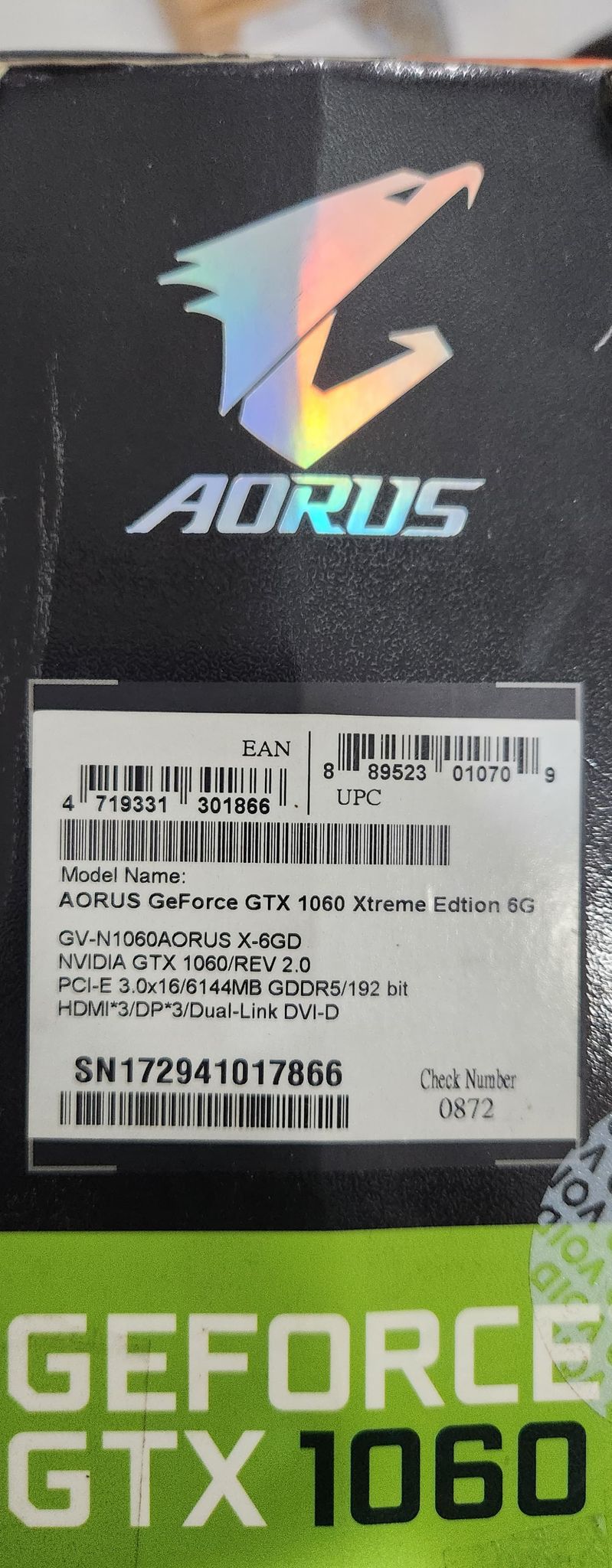 Gigabyte AORUS GeForce GTX 1060 6GB Xtreme Edition Used GPU