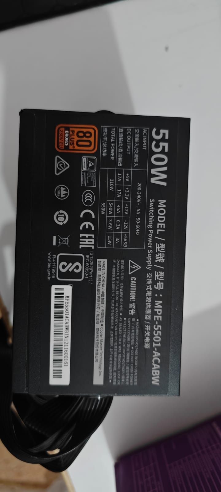 Cooler Master MWE 550 Watt 80 Plus White Power Supply Used PSU