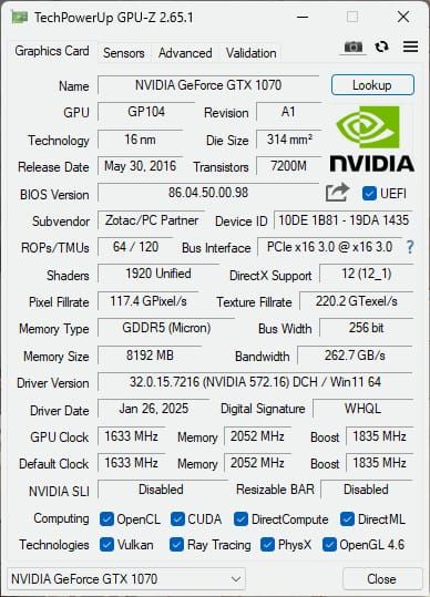 ZOTAC GeForce GTX 1070 AMP Extreme Triple Fans 8GB Used GPU