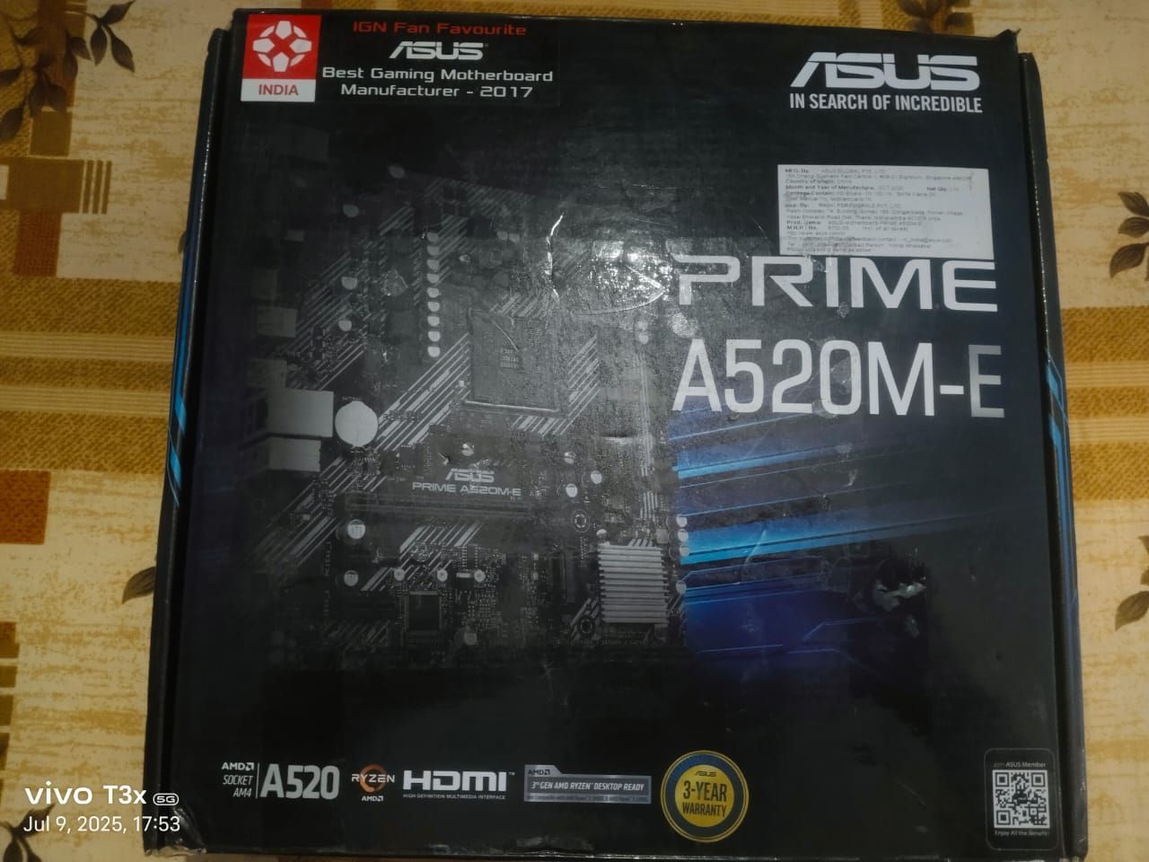 ASUS Prime A520M-E AM4 Socket DDR4 Used Motherboard