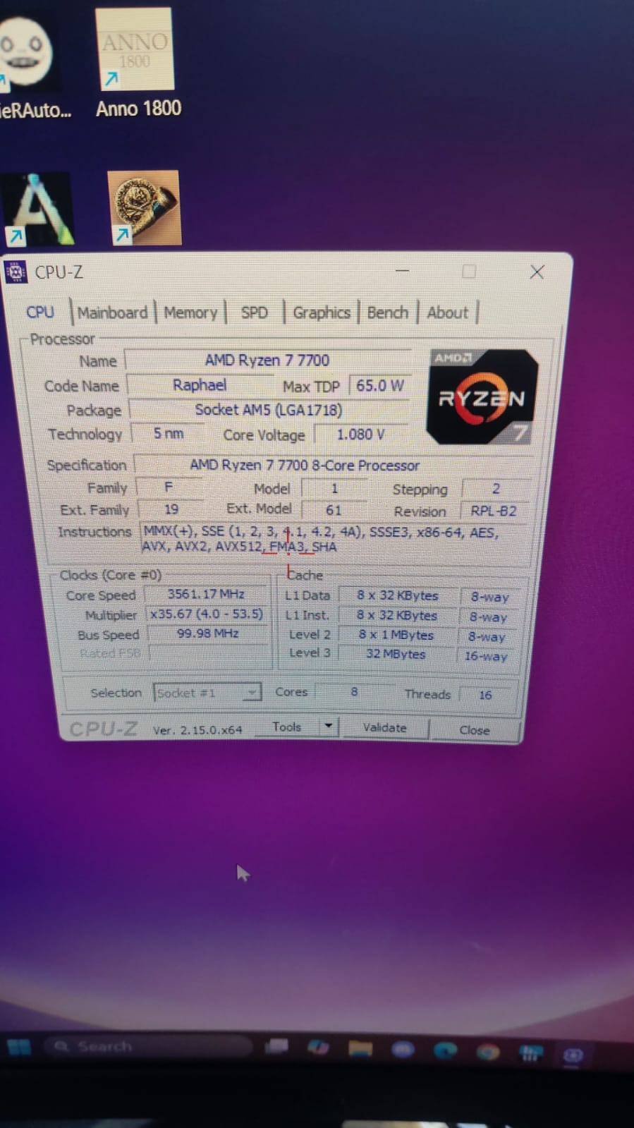 AMD Ryzen 7 7700 8 cores 16 Threads 40 MB Cache Upto 5.3 GHz AM5 Used CPU