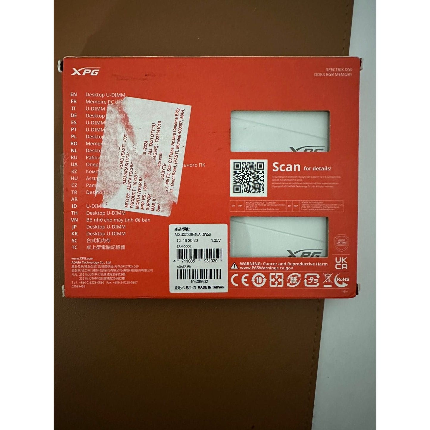 Adata XPG Spectrix D50 16GB (8GBX2) DDR4 3200MHz RGB White Used RAM
