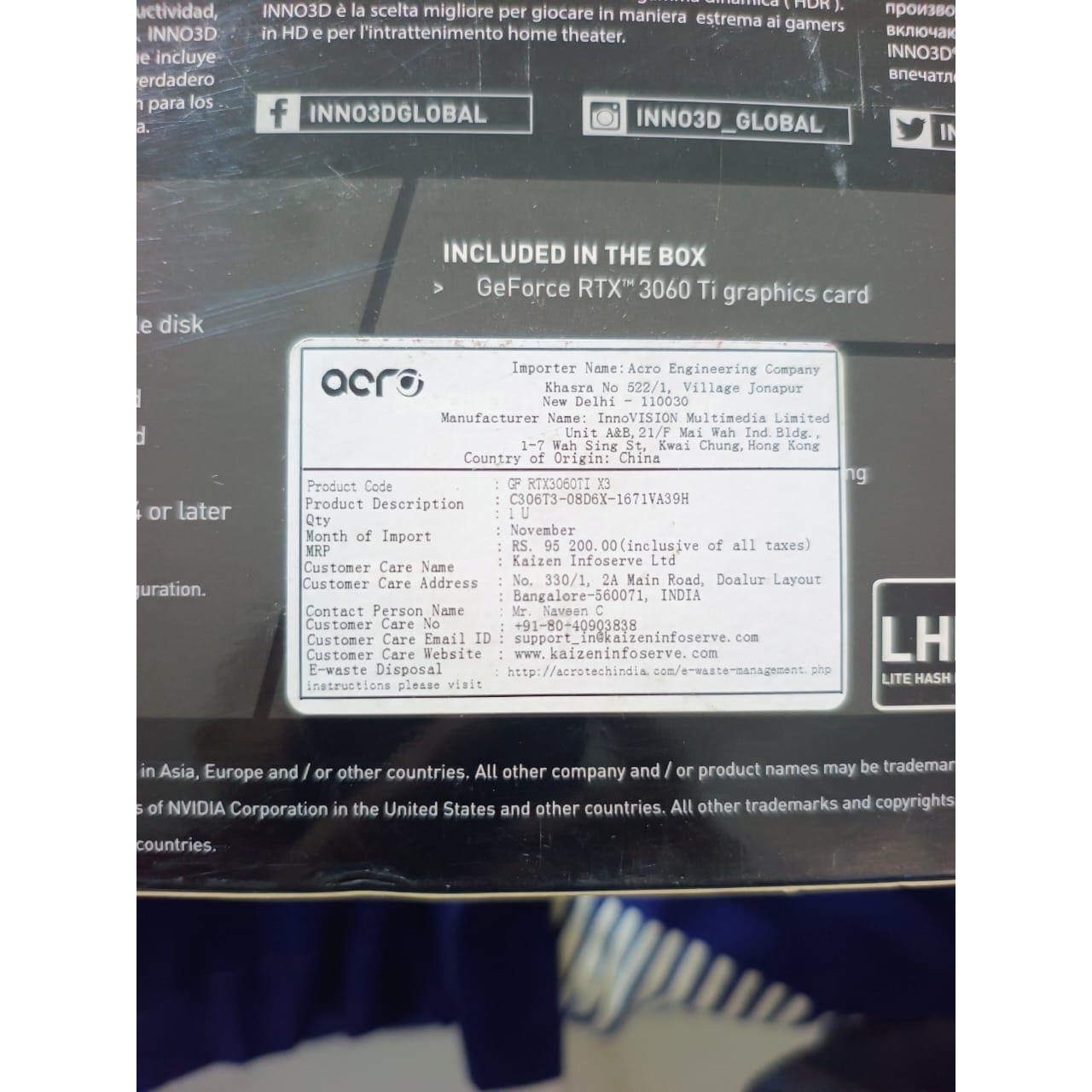 INNO3D GEFORCE RTX 3060 TI ICHILL X3 8GB Used GPU