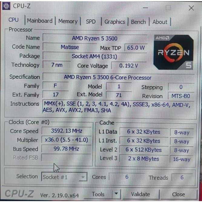 AMD RYZEN 5 3500 3.6 GHz Upto 4.1 GHz AM4 Socket 6 Cores 6 Threads Used CPU - Computify.in