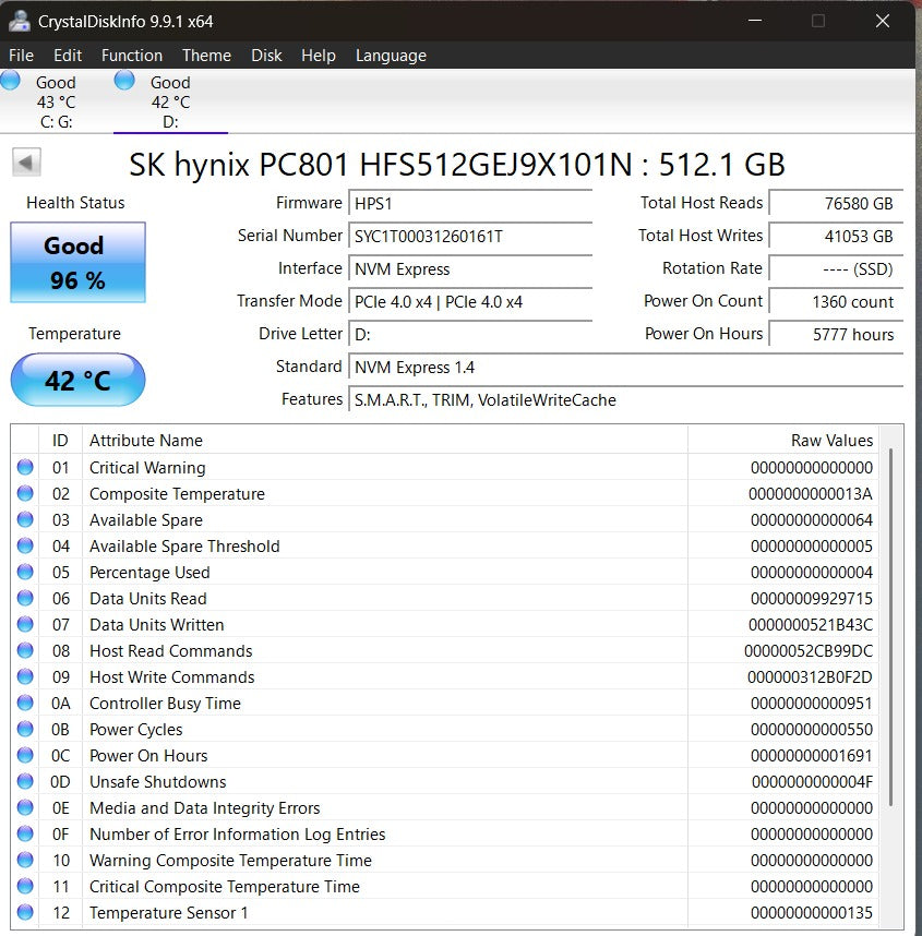 SK Hynix 512GB NVMe M.2 GEN4 (2280) Internal SSD Used SSD