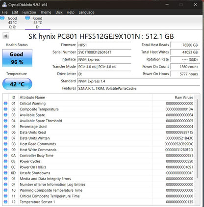 SK Hynix 512GB NVMe M.2 GEN4 (2280) Internal SSD Used SSD