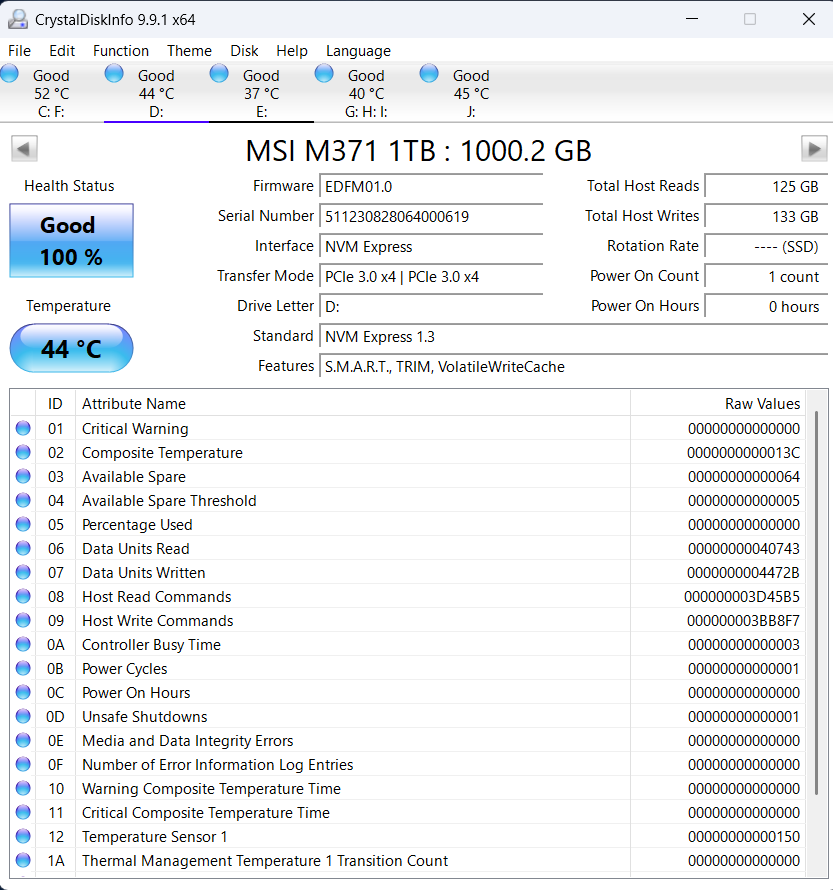 MSI SPATIUM M371 1TB Internal Gen3 NVMe M.2 (2280) SSD Used SSD