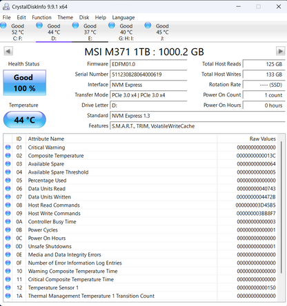 MSI SPATIUM M371 1TB Internal Gen3 NVMe M.2 (2280) SSD Used SSD