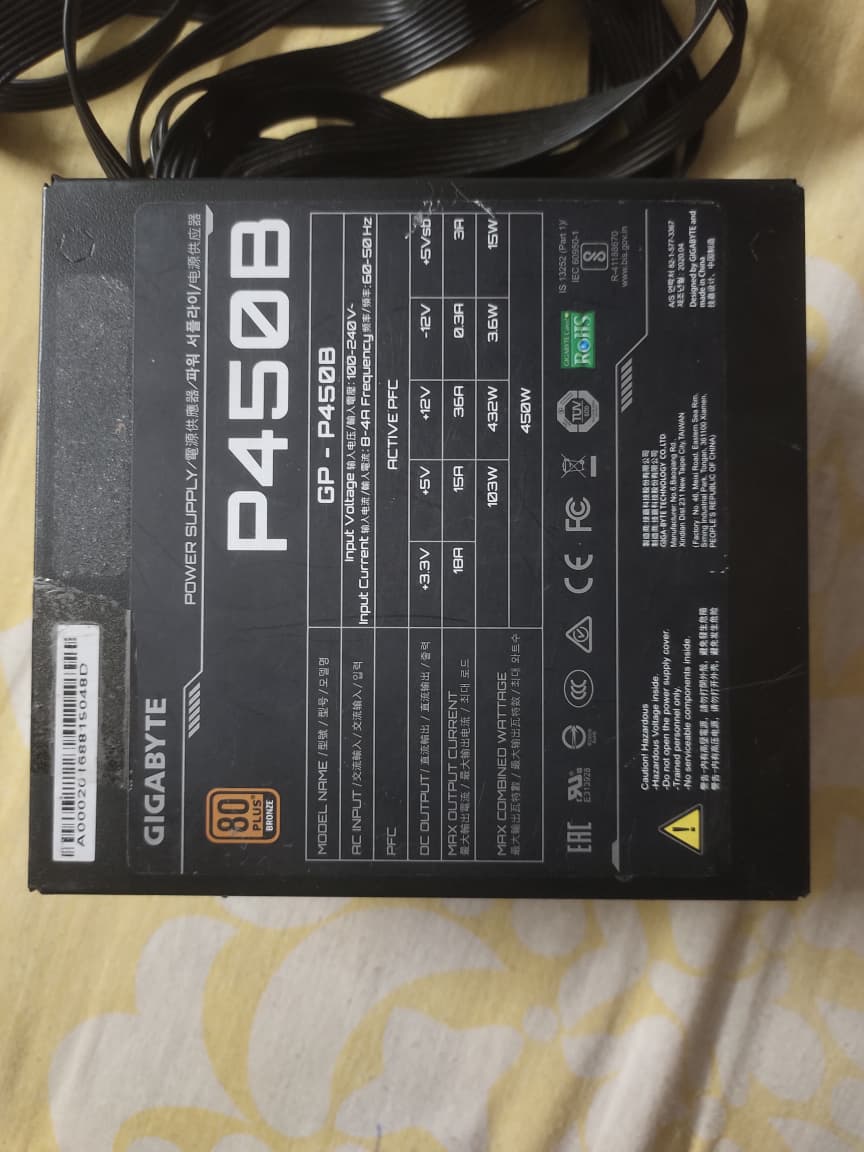 GIGABYTE P450B 450 Watts 80 Plus Bronze Power Supply Used PSU