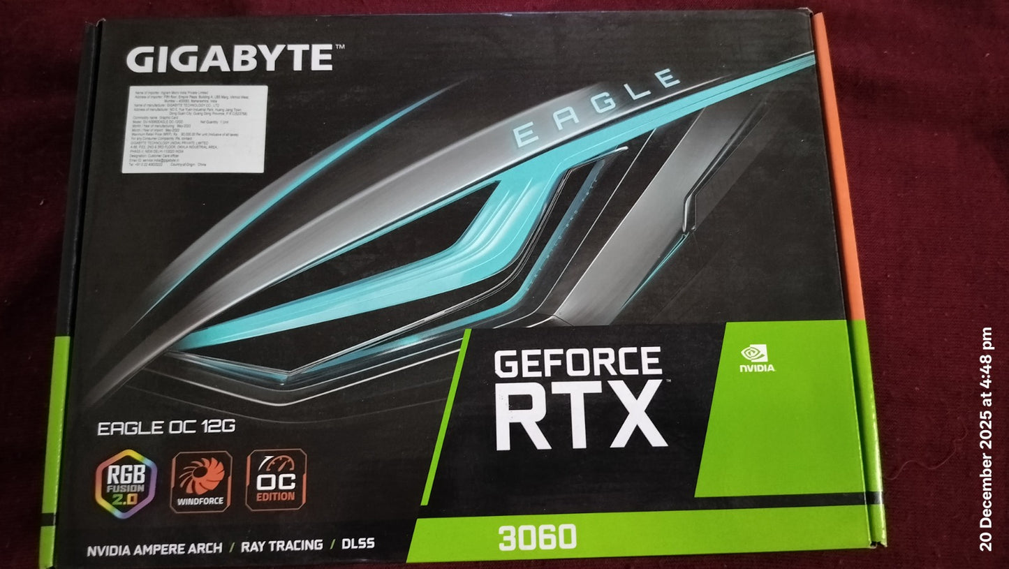 GIGABYTE GeForce RTX 3060 Eagle OC Edition 12GB 2X WINDFORCE Fans Used GPU