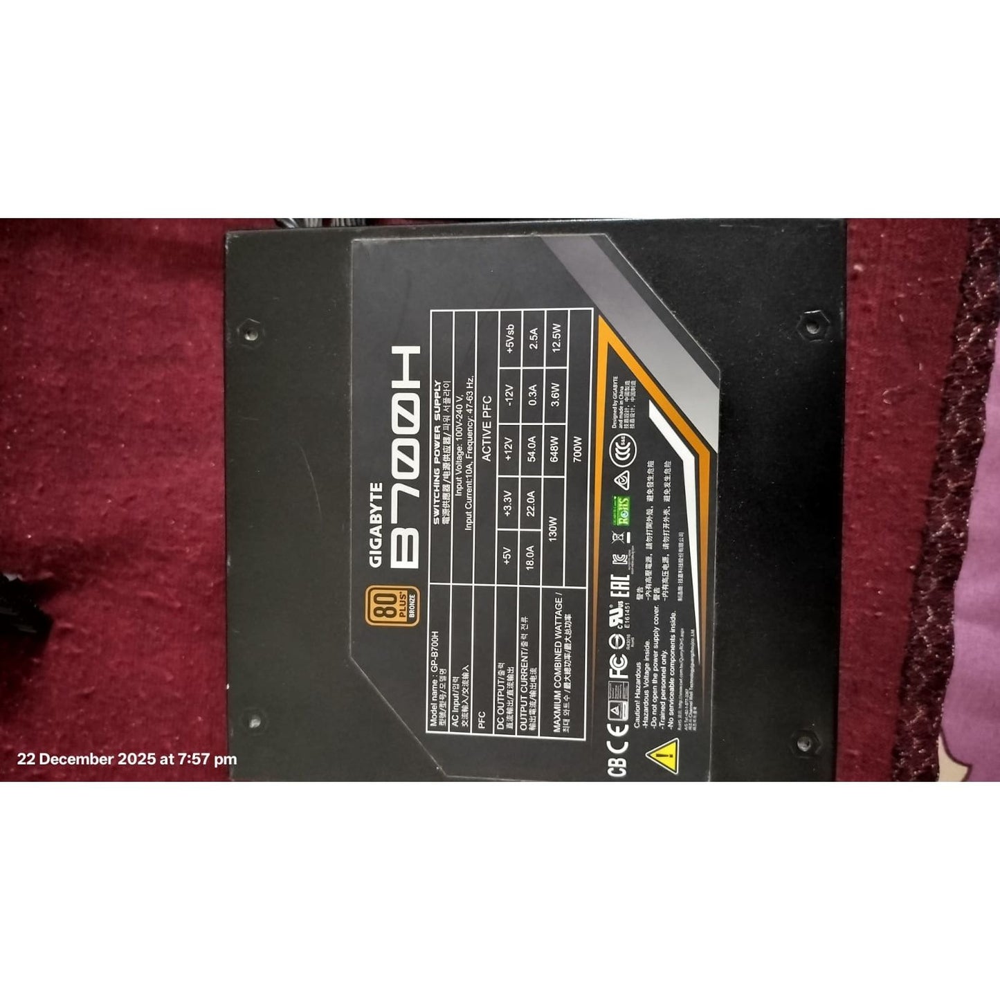 GIGABYTE GP-B700H 700 Watts 80 Plus Bronze Semi-Modular Power Supply Used PSU - Computify.in