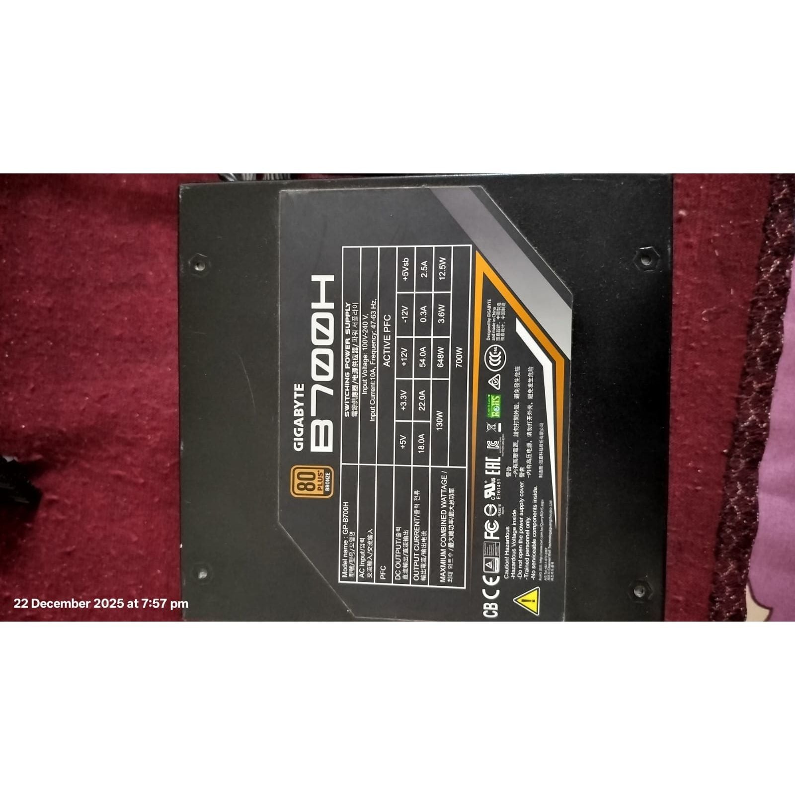 GIGABYTE GP-B700H 700 Watts 80 Plus Bronze Semi-Modular Power Supply Used PSU - Computify.in