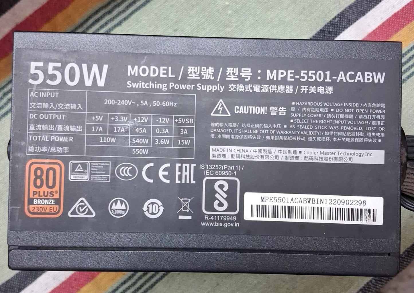 Cooler Master MWE 550 80 Plus Bronze Certified 550 Watts Used PSU