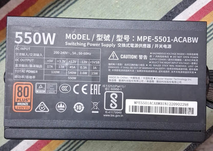 Cooler Master MWE 550 80 Plus Bronze Certified 550 Watts Used PSU