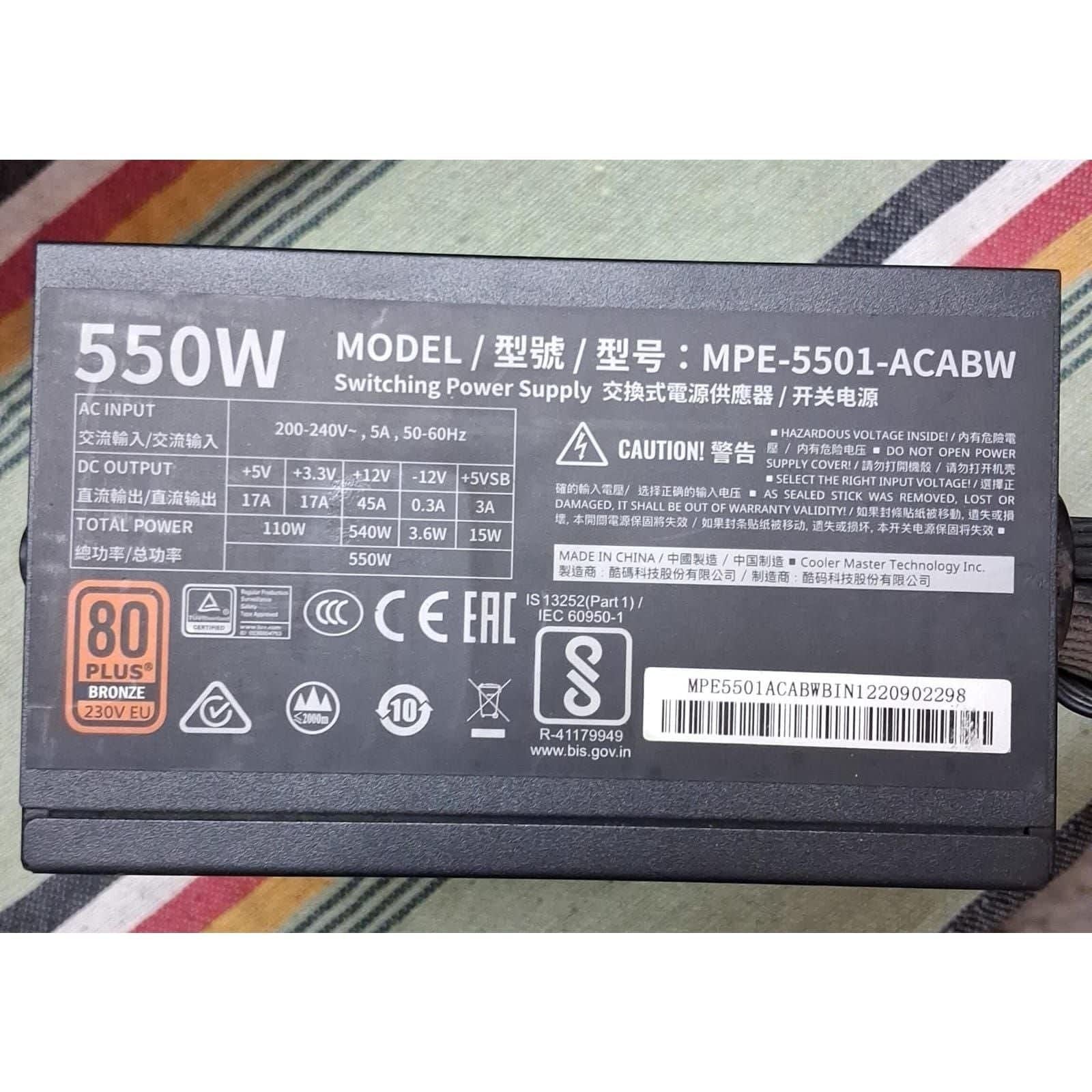 Cooler Master MWE 550 80 Plus Bronze Certified 550 Watts Used PSU - Computify.in