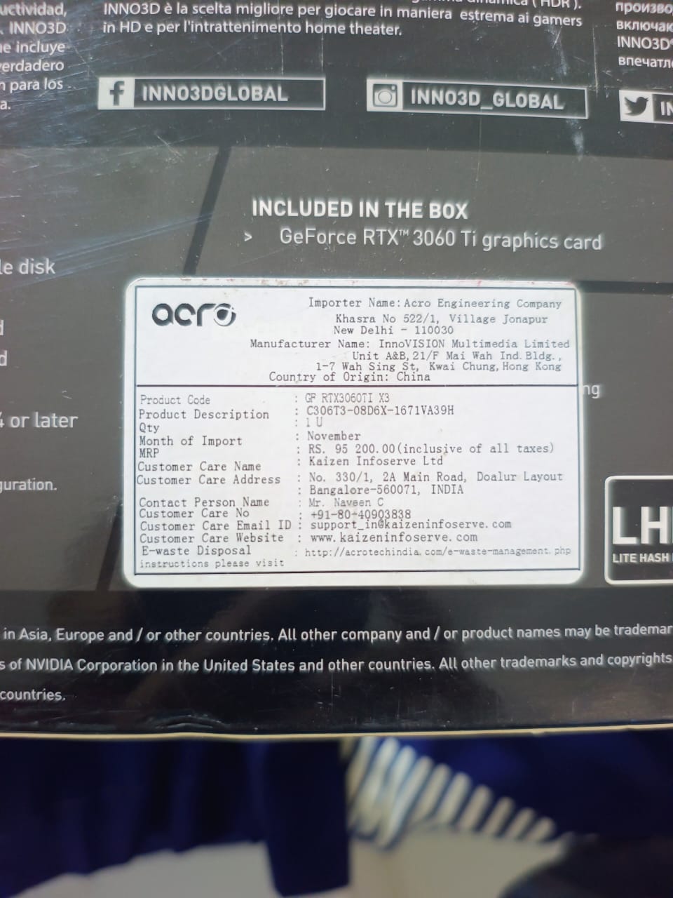 INNO3D GEFORCE RTX 3060 TI ICHILL X3 8GB Used GPU